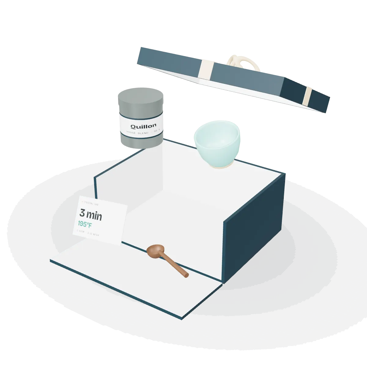 The Steep Set opened up: lid lifted off, the tea tin, cup, scoop and steeping card raised out of the box